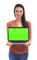 This is your online presence. Portrait of a beautiful young woman smiling and displaying a laptop against a white background.