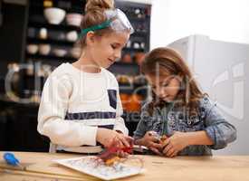 Fixing things together. Shot of a two little girls helping each other make something creative with tools indoors.