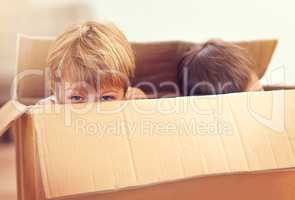 Wanna play a game of peek a boo. Two adorable young boys peeking out of a cardboard box.