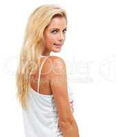 Can I tell you a secret. Pretty blonde smiling shyly over her shoulder, isolated on white - copyspace.