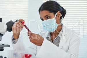 Applying scientific principles to test her theories. Cropped shot of a young female scientist examining a test tube in a lab.