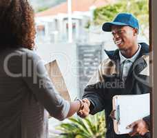 Hope youll make use of our services again. Shot of a courier shaking hands with a customer while making a delivery.