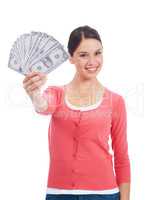 What is the best way to make money. Pretty young woman holding a big amount of money.