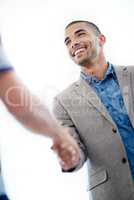 Its a deal. Shot of a businessman shaking hands with an unrecognizable person.