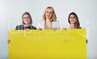 Backed by the pros in business. Studio shot of a group of businesswomen holding up a blank yellow placard.