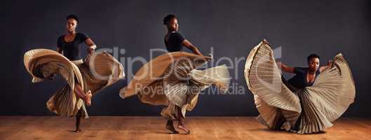 Freedom in motion. Montage of a dancer with flowing performing dramatic poses.