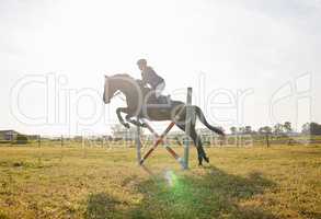 I trained for this. Shot of a young rider jumping over a hurdle on her horse.