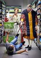 What, its out of stock You knave. A king threatening an employee in a supermarket with his sword.