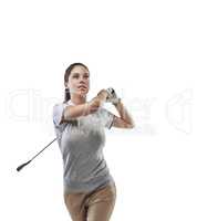 Going for distance and accuracy. Studio shot of a young golfer practicing her swing isolated on white.