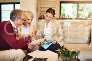 Its time to enjoy the fruits of our labor. Shot of a senior couple getting advice from their financial consultant.