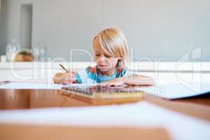 Early start to the academic world. Shot of an adorable little boy doing his homework at home.