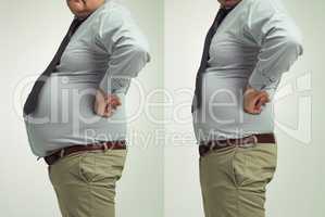 Less fat, more me. Before and after studio shot of a businessmans weight loss.