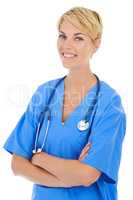 Happy with her career choice. A young smiling female doctor with a stethoscope around her neck.