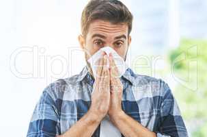 Looks like its flu season again. Portrait of an uncomfortable looking young man blowing his nose with a tissue inside of a building during the day.