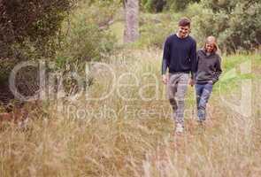 Countryside stroll. A young couple strolling hand in hand through a meadow.