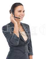 Here to answer any customer question. Studio shot of an attractive customer service representative isolated on white.