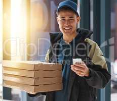 Service so fast, its still piping hot. Portrait of a young man making a pizza delivery in an office.