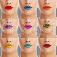 Paint me any colour. Composite shot of a woman wearing a variety of colourful lipsticks.