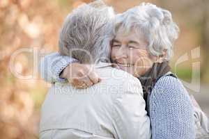 Friendship thats built to last. Two senior ladies embracing with autumn shaded trees in the background.
