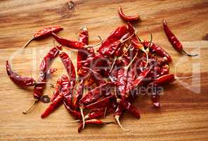 Time to turn up the heat. High angle shot of fresh red chillies on a kitchen counter.