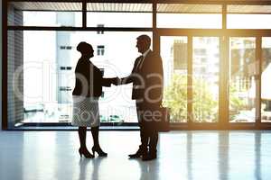 To new beginnings. Shot of two businesspeople shaking hands in an office.