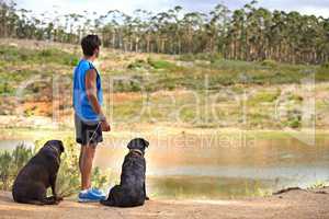 Taking the dogs for a scenic walk. A young man standing looking out over a pond with his two dogs next to him.