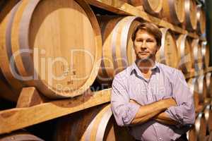 This was a bumper year for our vineyard. Shot of a handsome mature man standing in a wine cellar.