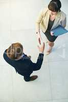 Allow me to introduce myself. Shot of two businesspeople shaking hands.