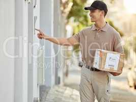 I finally found the house. Shot of a delivery man about to drop off a package.