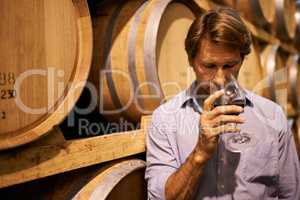 Its got an exceptional nose. Shot of a handsome mature man standing in a wine cellar with a glass of red wine.