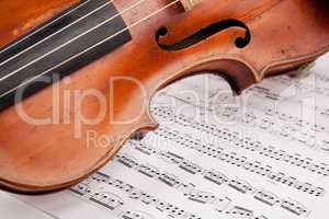 Let the music begin. Cropped shot of a violin lying atop sheet music.