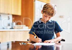 Time for homework, then time for play. Shot of a young boy doing his homework.