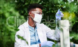 Just taking a closer look at things. Shot of a young botanist using a magnifying glass to look at a plant outdoors.