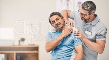 Go easy at the gym from now on. Shot of a senior man going through rehabilitation with his physiotherapist.