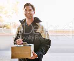 Our services are by far the most outstanding. Portrait of a courier making a delivery.