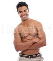 Proud of his muscular body. Studio shot of a handsome bare-chested young man isolated on white.