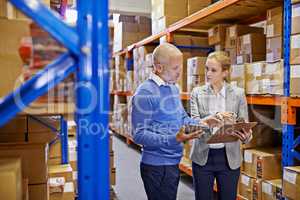 WE always double check our shipments. Shot of a man and woman inspecting inventory in a large distribution warehouse.