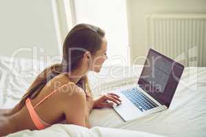 Boudoir blogger. Shot of a young woman using a laptop in her underwear during the morning.
