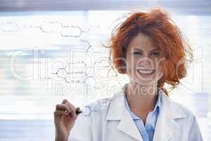 Organic chemistry Ive got it covered. A messy-haired female scientist standing in her lab proudly.
