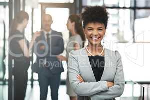 In the business of brilliance. Portrait of a confident young businesswoman standing in a modern office with colleagues in the background.