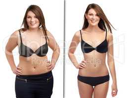 Finding the shape shes comfortable with. Before and after studio shot of a young womans weight loss.