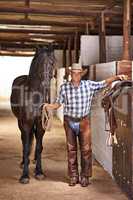 Its a cowboys life. Shot of a cowboy on a farm.