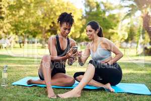 Trying to select the best filter. Full length shot of two attractive young women sitting next to each other while using a cellphone in the park.