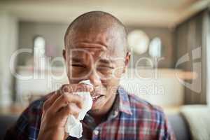 Im really not in the mood to go to work today. Portrait of an uncomfortable looking young man holding a tissue in front of his nose while being seated on a couch at home.