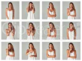 The many faces of me. Composite image of a beautiful young woman with various expressions against a gray background.