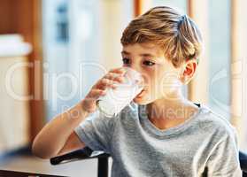 Getting his daily dose of calcium. Shot of a young boy drinking a glass of milk at home.