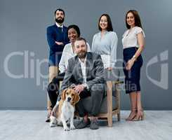 Pets in the workplace reduce stress and nurture productivity. Portrait of a group of businesspeople posing together with a dog against a grey background.