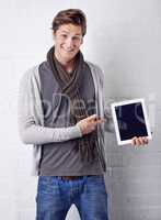 I endorse this tablet. A handsome young woman showing you the latest digital tablet.