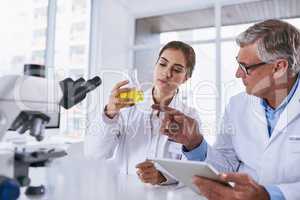 Backing up their strong claims with strong evidence. Shot of two scientists conducting an experiment together in a lab.