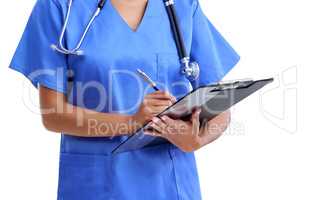 Perusing medical records. Cropped studio shot of a healthcare worker looking at a medical record isolated on white.